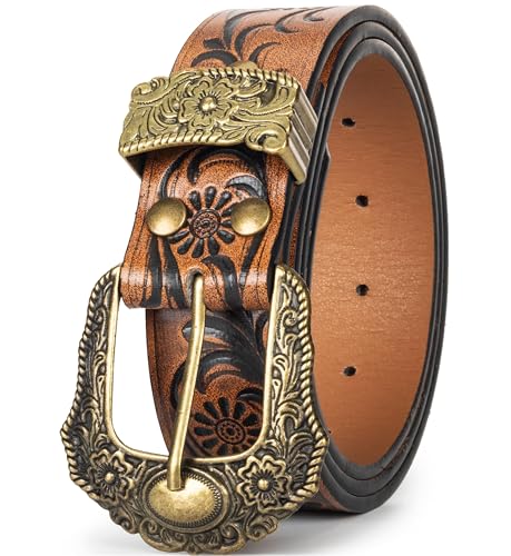 YCMI Womens Men Western Cowboy Belts Floral Engraved Engraved Buckle Adjustable Belt for Jeans Dress Skirt