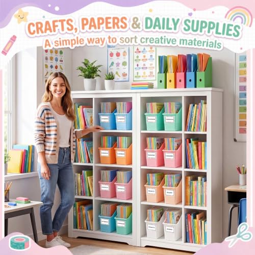 Blosssound 6 Set Book Bins for Classroom with Label Sticker Book Box Baskets Plastic Stackable Organizing Bins Storage & Organization for Classroom Library Home School Supplies (Cloud Pastel) - Image 5