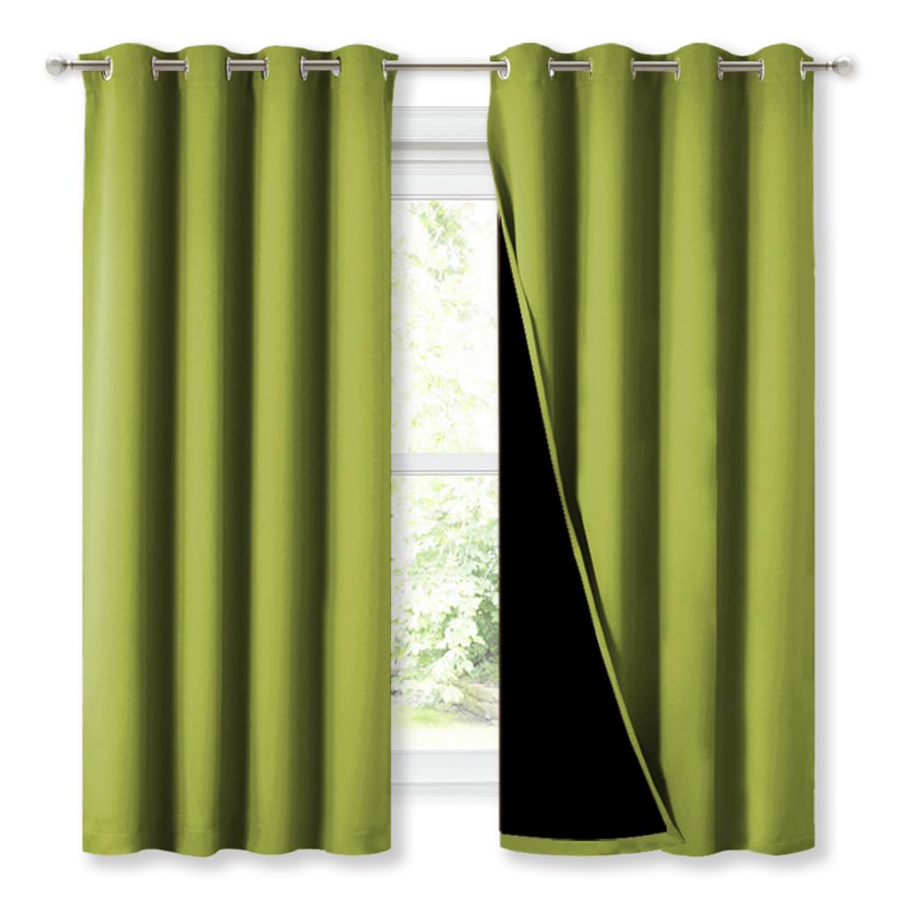 NICETOWN 100% Blackout Curtains 54 inches Long, Fresh Green, 1 Pair, 52 inches Width Each Panel, Double-Deck Completely Blackout Window Treatment Thermal Insulated Lined Drapes for Small Window