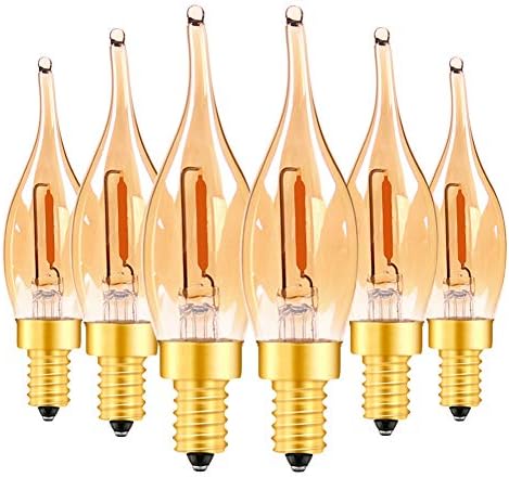 LED Vintage Candelabra Bulbs Night Lights E12 C22T Edison Candle Bulbs Filament Flame 7 Watt Equivalent LED Chandelier Light Bulbs Decorative Lights 2200K Warm Amber Glass, CRI 90+, Pack of 6