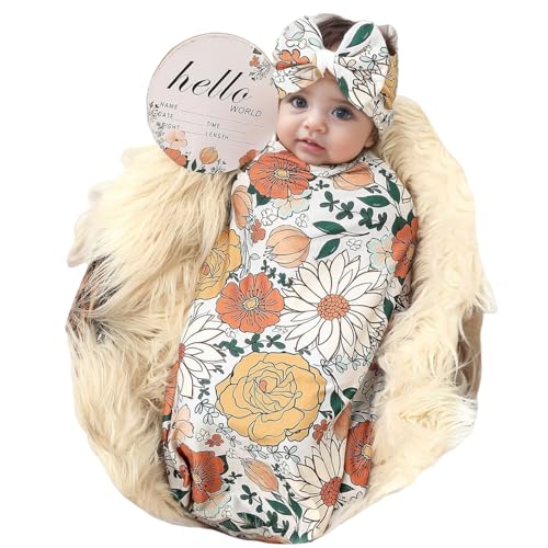Image of Galabloomer Newborn Receiving Blanket Headband Set Baby Flower Swaddle (caramd)