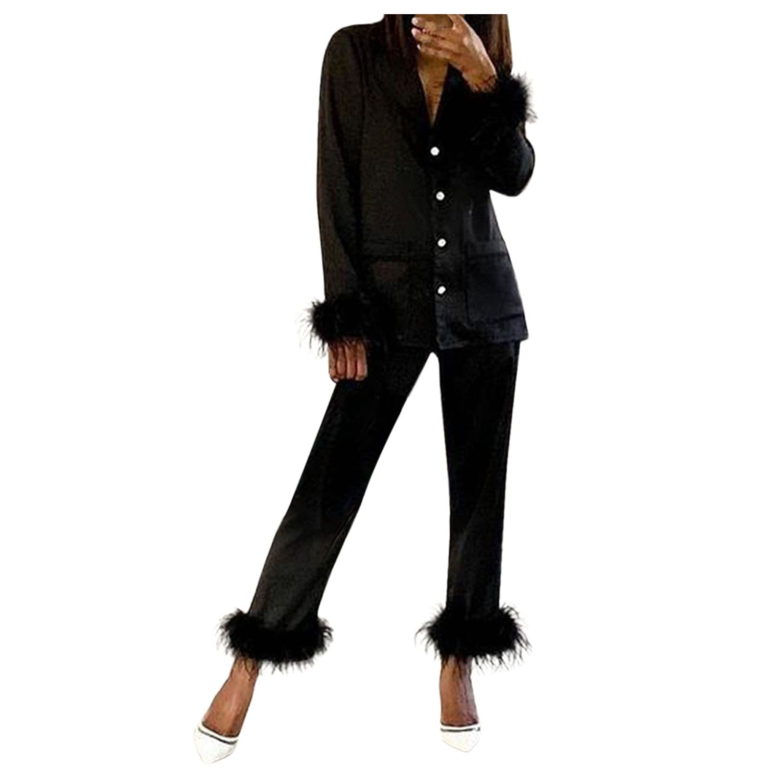 Pigiama da donna in raso di seta, sexy con scollo a V, a maniche lunghe, set da due pezzi, comodo pigiama con piume, set da sposa in tinta unita, colletto con risvolto, abbigliamento da notte, super