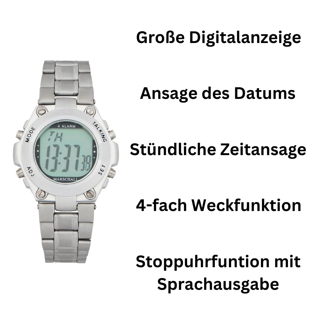 Marschall Deutsch sprechende Herrenarmbanduhr I 1105 I Stoppuhr I Ansage von Datum I Stündliche Zeitansage I Wecker I Perfekt für Senioren, Blinde und Sehbehinderte