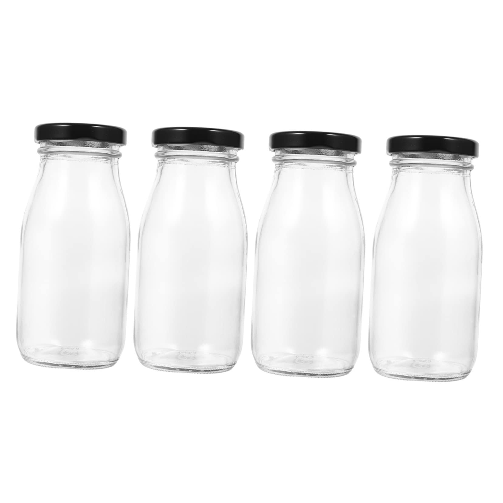FUNOMOCYA 4pcs Glass Milk Jugs with Secure Caps 250ml for Milk Juice Yogurt Leakproof Sturdy Glass Material