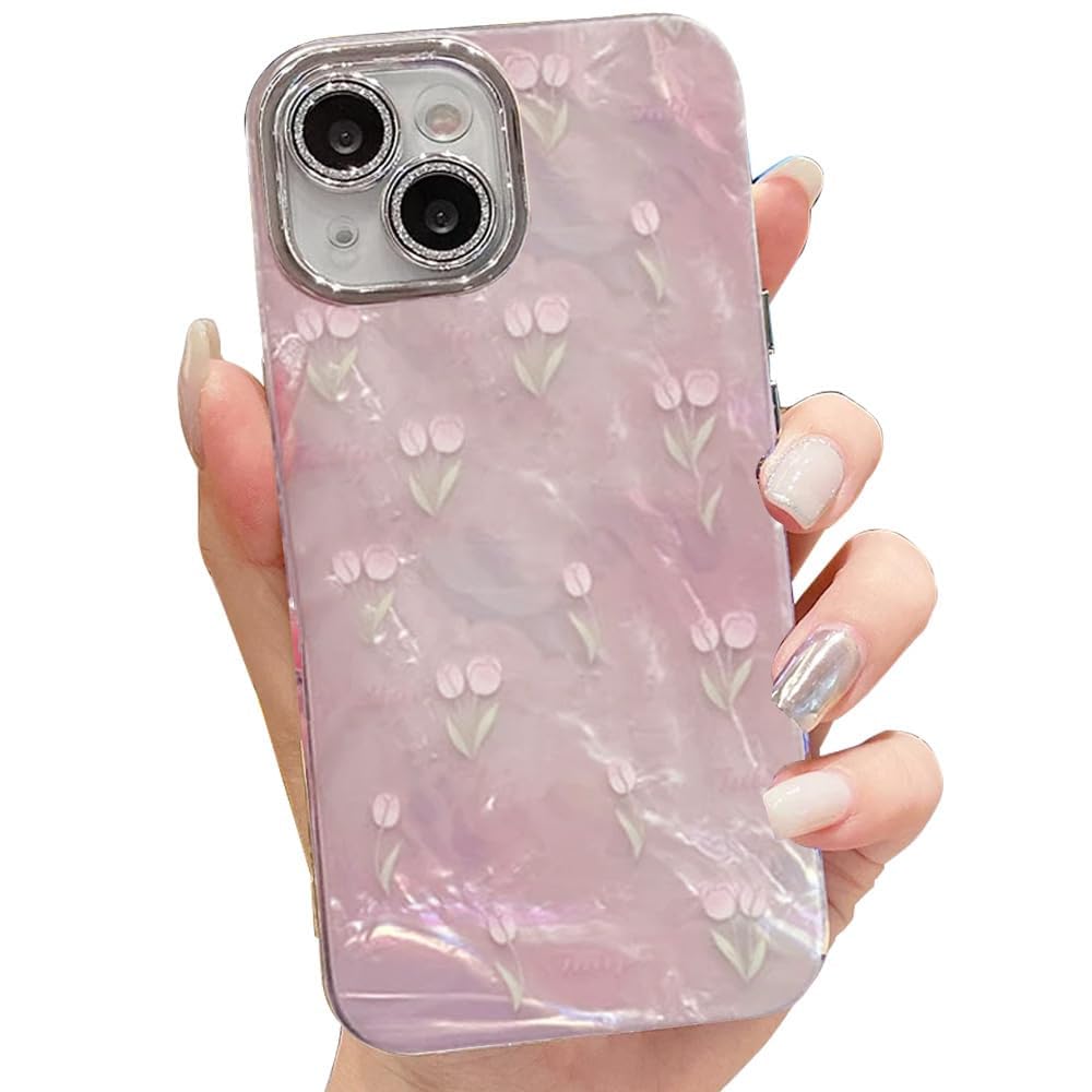 mobistyle Sparkle Bling Camera Lens Protection Cute Pattern Tulip Flower Print Design Tpu+Pc Protective Women Teen Girls Phone Back Cover Case For iPhone 15 Plus,Multicolor