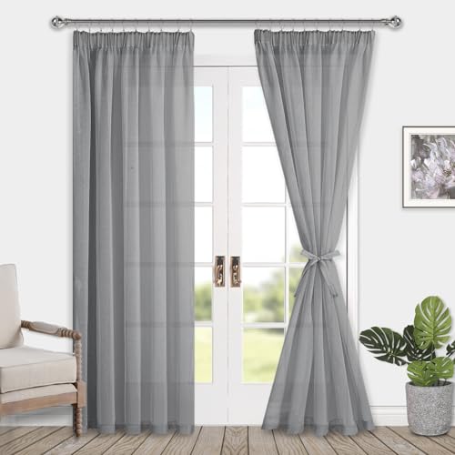 DWCN Sheer Curtains with Tiebacks Semi Transparent Voile Curtain Pencil Pleat Curtains for Bedroom 2 Panels, Grey, W55 x L96 Inch