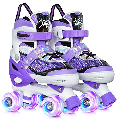 Truwheelz Roller Skates for Kids Girls, Toddler Children Purple Sequins Roller skate, 4 Sizes Adjustable Rollerskates for Little Girl Outdoor Indoor patines de 4 ruedas para niñas with Light Up Wheels
