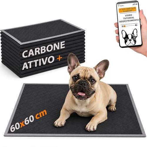 HAND Traversine Cani Carboni Attivi 60x60 cm, 50 Pezzi Super Assorbenti e Antiodore, Tappetini Igienici Neri per Cani e Cuccioli con Adesivi di Fissaggio, Extra Spessi e Resistenti (50 Pezzi 60x60 cm)
