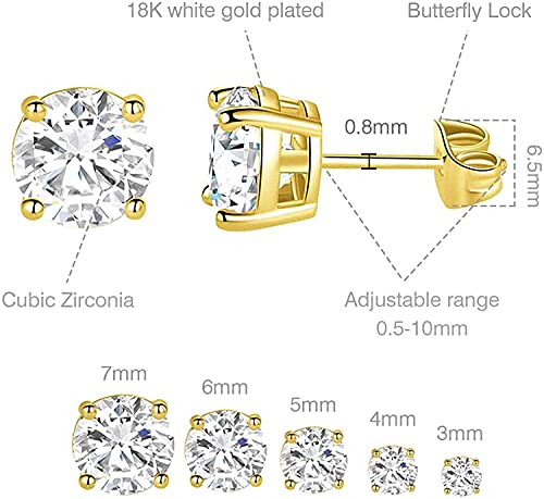 Mdfun 18K Gold Plated 4 Prong Graduated Round Clear Cubic Zirconia Stud Earring Set For Women (5 Pairs) (B-Yellow Gold Plated) #TOP1