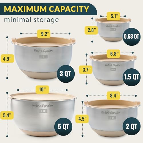 Baker's Signature Stainless Steel Mixing Bowls with Lids Set, 5 Sizes, 3 Graters, Non-Slip Base, Airtight Lids, Metal Mixing Bowls for Kitchen, Food Prep, Storage, 0.63QT-5QT, Khaki by Baker's Signature - Image 2