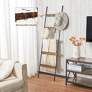 ELYKEN Blanket Ladder for Living Room Farmhouse 5 Tier Quilt Holder with 4 Removable Hooks for Bathroom Wood Towel Rack Display Wall Anchor Leaning Decorative Stand for Home Decor Rustic Brown