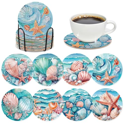 INCOK Ocean Diamond Painting Coasters - 8 PCS DIY Diamond Art Coasters Kits with Shell Starfish Conch Pattern Art Craft Supplies Home Table Decor Birthday Gift for Beginners Adults