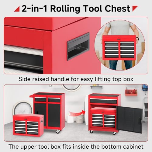Rovibek Tool Chest, 5-Drawer Metal Tool Box with Wheels, Rolling Tool Chest with Foam Packaging, Lockable Wheels, Detachable Top Tool Box, Tool Storage Cabinet for Garage Workshop Warehouse, Pure Red by Rovibek - Image 4