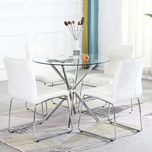Wenyu Modern Dining Table With Tempered Glass Top Round Glass Dining Table Tea Coffee Table Office Modern Kitchen Table Dining Room Table With Chrome Legs, 35.4 Diameter #TOP6