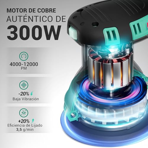 DCA Lijadora Orbital 300W, 6 Velocidades 12000RPM Lijadora Madera, Lijadora Eléctrica con Recogida de Polvo, 10psc 125MM Lija para superficies de madera y acero, lijado y pulido de madera, DIY - imagen 2
