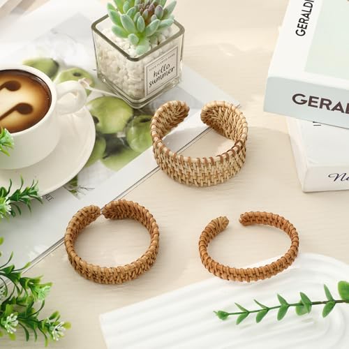 3 Pcs Rattan Bracelet Boho Handwoven Wooden Braided Open Cuff Bangle Bracelet Adjustable Wrap Bangle for Summer Women Wrist Jewelry3