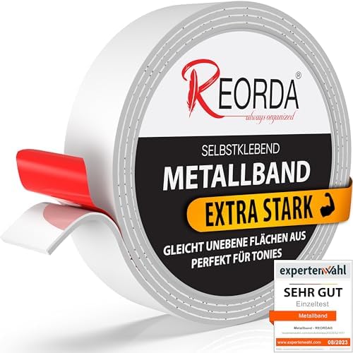 REORDA® Metallband selbstklebend Weiß- Ideal für Tonies®-Figuren & -Regale (EXTRA STARK) - Magnetband für Magnete I Ferroband I Magnetband selbstklebend I Eisenband (1m)