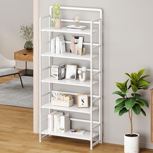 THKKY No Assembly Folding Bookshelf, 5 Tiers Collapsible Book Shelf for Home Office, Vintage Wood Foldable Bookcase Storage Organizer for Living Room Bedroom (White) by THKKY - Image 5