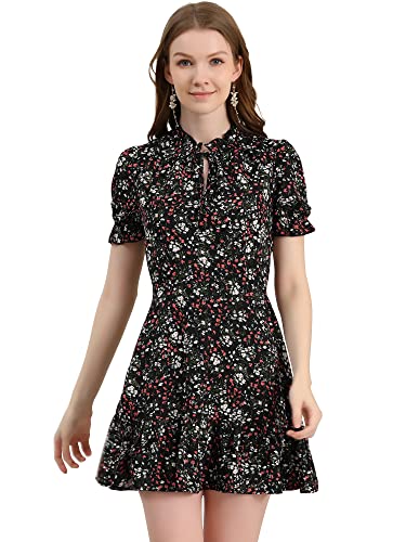 Image of Allegra K Womens Floral Chiffon Mini Dress Ruffle Hem Puff Short Sleeve
