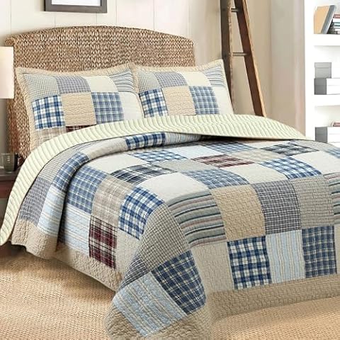 Cozy Line Home Fashions 100% Cotton Real Patchwork Reversible Quilt Bedding Set, Classic Tartan Demin Plaid Grid Farmhouse Rustic Coverlet Bedspread (Beige Patchwork, Queen-3 Piece) Cover