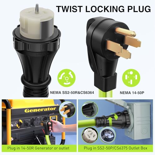 Image of Nilight 50FT 50 Amp Generator Extension Cord 250V Heavy Duty 6 /3+8 /1 Gauge Pure Copper STW Wire ETL Listed 4 Prong 14-50P SS2-50R&CS6364 Suit for RV Camper Outdoor Use Bright Green