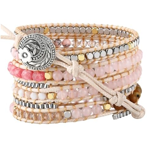 PLTGOOD Boho 5 Wrap Bead Bracelet for Men Women - Handmade Adjustable Natural Stone Pink Crystal Beaded Bracelets Cuff Rope Yoga Healing Bracelet Bangle Hippie Jewelry Cover