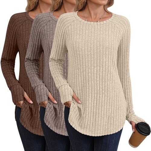 Riyiper 3 Pack Women's Long Sleeve Sweaters with Thumb Hole, Curved Hem Tunic Tops Side Split Crew Neck Loose Fit Shirts
