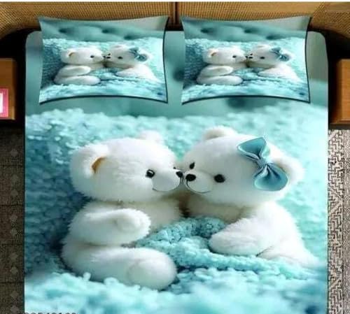 Image of Premium 7D Digital Printed Cotton Flat Bedsheet (90 X 100) Inch with 2 King Size Pillow Covers -300 TC Fabric, Design & Superior Comfort Double Bedsheet for Double Bed (Ice Blue - Teddy Pattern)