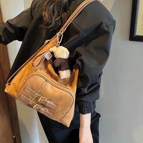 Slouchy Shoulder Bag Suede Hobo Shoulder Bag with Cute Charm Buckle Front Pocket Vintage Convertible Suede Backpack Alt Retro Fall Purse for Daily Party Work 2025 (Black)2