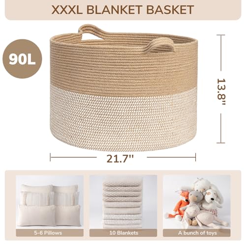 Image of INDRESSME Extra Large Woven Baskets for Storage, 21.7'' x 13.8'' Wicker Basket with Handle for Blankets, Big Laundry Baskets for Clothes, Pillows, Towel, Shoe Basket for Entryway, 90L White Jute