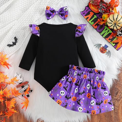 Infant Girl 1st Halloween Skirt Outfit Long Sleeve Romper and Headband 3PCS Baby Clothes Set3
