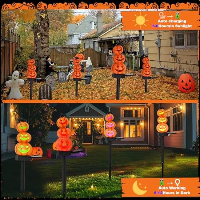 Halloween Pumpkin Decorations Stacked Pumpkin Yard Stakes Solar Pumpkin Lights-Light Up Pumpkin Decor Outdoor 4 Pack 17.5 with Led Bulb for Yard Garden Lawn Decor