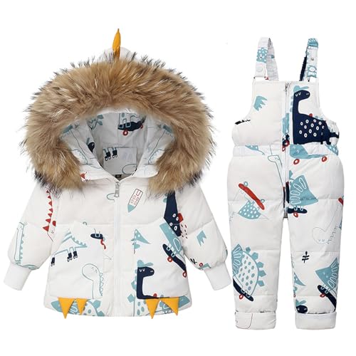 Niños Traje de Esquiar Invierno 2 Piezas Atuendo Colocar, Niña Encapuchado Abajo Chaqueta y Nieve Babero Pantalones Dinosaurio Dibujos Animados Traje de Esquí Colocar Blanco 4-5 Años