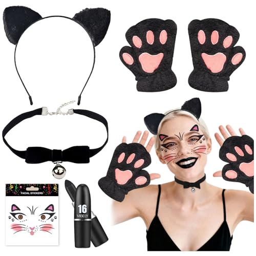 5 Stück Katzen Kostüm Accessoires Katze Cosplay Set Katzenohren Haarreif Katzen Gesicht Sticker Schleife Halsband Lippenstift und Katzenklauen Handschuhe für Karneval Damen Katzenkostüm