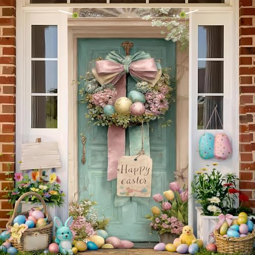 Image of Easter Door Cover 35.43 x 70.87 Inch Pastel Ribbon Wreath with Decorative Eggs Vintage Door Scene and Spring Florals Ideal for Seasonal Holiday Entryway Decoration