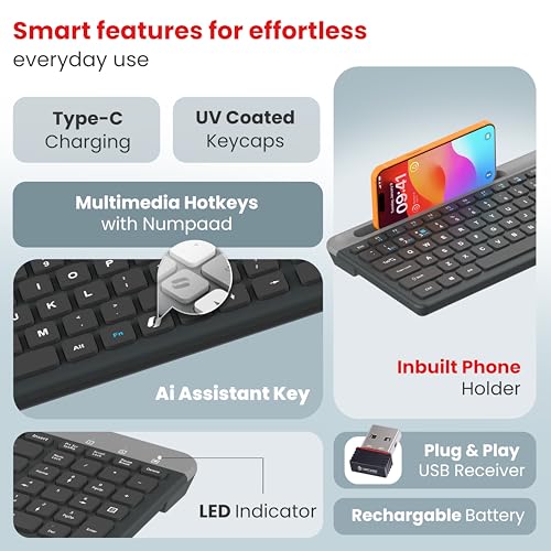 Image of LAPCARE Readmii 2.4GHz Wireless & Bluetooth 5.1 Rechargeable Keyboard with AI Assistant Key, Type-C Charging, Multi-Device Connection (2 Devices), Full Size with Numpad, 10m Range (Black & Grey)