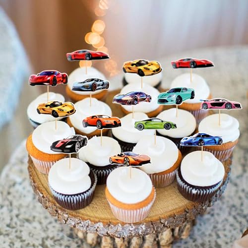 Cyodoos 48 PCS Race Car Cupcake Toppers, Car Party Decoration Birthday Party Supplies, Car Themed Party Supplies Are The Most Popular, Boys and Girls' Birthday Party Cake Decoration
