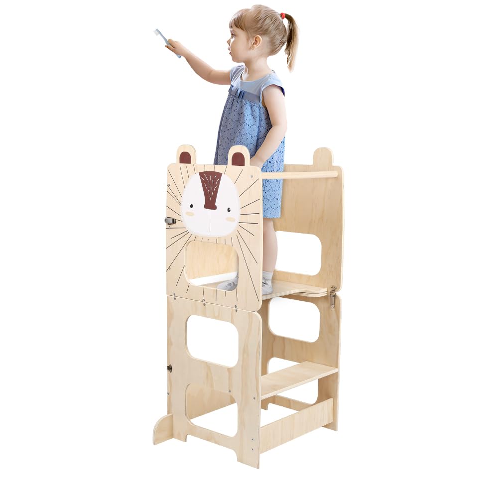 Lernturm 3 in 1, Lernturm für Kinder, Montessori Beobachtungsturm aus Holz, rutschfeste Oberfläche, Tisch und Stuhl für Kinder (Igel)