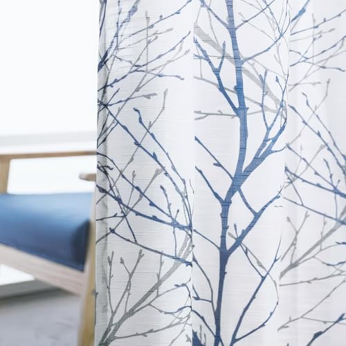FMFUNCTEX Semi Sheer Linen Curtains, Blue and White Curtains 63 Inches Long for Bedroom, Tree Branch Pattern Print Drapes for Living Room, Light Filtering Privacy Grommet Window Curtains 2 Panels by FMFUNCTEX - Image 8
