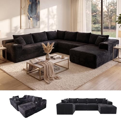 Image of Oversized Cloud Sectional Couches for Living Room, 122 inch U-Shaped 7 Seater Sofa Modular Boneless Couch with Chaise | Deep Seater | Cup Holder | Side Pocket | No-Assembly | Plus Corduroy, Black