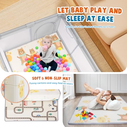 Image of Grey Baby & Toddler Playpen, 49''x49'', Portable with Mat & Ring, Safe Foam Cover, External Zipper, Suitable for Kids Under 3 Years