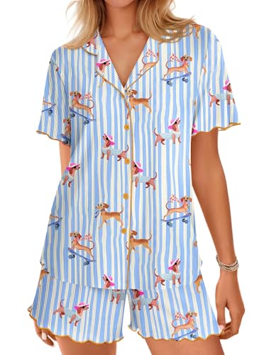 Image of Ekouaer Button Up Pajamas Set for Women Short Sleeve Ribbed Knit Sleepwear 2 Piece Pjs Shorts Set