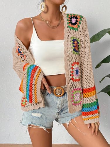 Image of SHENHE Women's Floral Crochet Cardigan Hollow Out Open Front Long Sleeve Cardigan Sweater