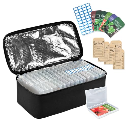 Boczif 16 Slot Seed Storage Organizer Box with Insulated Bag, Envelopes Bag and Label Stickers, Garden Seed Container for Packets, Plant, Flower, Vegetable