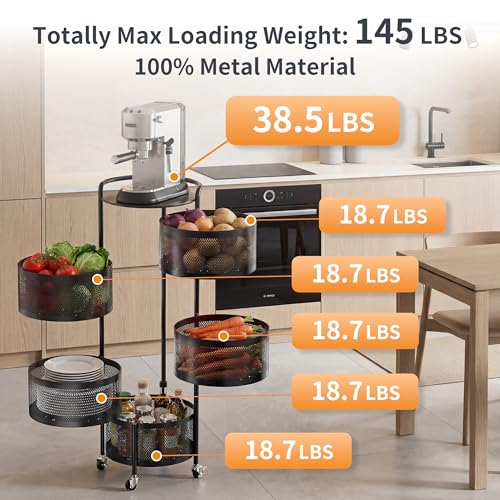 Image of JAQ No Assembly Rotating Kitchen Storage Rack, 5-Tier Metal Basket Organizer with Wheels, Large Capacity Vertical Storage Cart for Fruit Vegetable Pantry, Potato Onion Organizer, Black