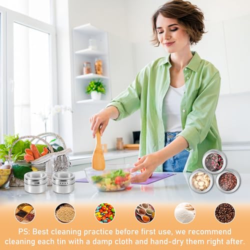 YFNVH 24 Pack Magnetic Spice Jar with Lids, Stainless Steel Spice Jars for Fridge, Magnet Spice Storage Tins Set with 48 Pcs Spice Labels & 2 Marker Pen for Kitchen Fridge Grill - Image 6