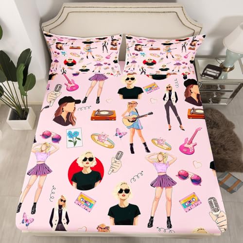 jejeloiu Music Bedding Set Full Size Girls Singer Bed Cover Gifts for Women Music Lovers Girly Guitar Bed Sheets Coworker Sister Friends Deep Pocket Fitted Sheet Pink Room Decor (No Top Sheet)
