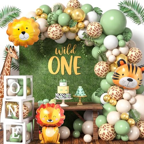 Safari 1st Birthday Decorations for Boys Girls, Wild One Birthday Decorations with Sage Green Balloon Arch Kit Balloon Boxes, Animal Jungle Theme First for Kids (Green) Safari 1st Birthday Decorations for Boys Girls, Wild One Birthday Decorations with Sage Green Balloon Arch Kit Balloon Boxes, Animal Jungle Theme First for Kids (Green)