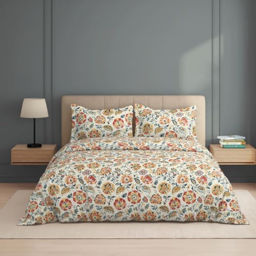 Image of Welspun Zen Microfiber Floral Double Bedsheet with 2 Pillow Covers | Percale Bed Sheet | Skin Safe, Breathable & Easy Care Bedding Set | Gift Set | Cream | 220 x 240 Cm