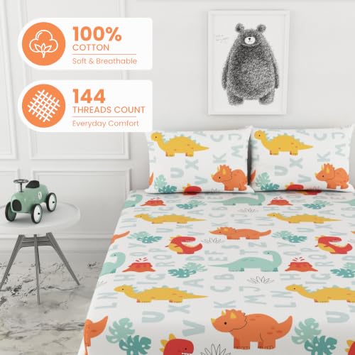 Image of LORETO - A QUALITY LINEN BRAND 144 TC 100% Pure Cotton Double /Queen Fitted Bedsheet with 2 Pillow Covers for 72 x 60 Inch, All-Around Elastic, 8 Inch Deep Pocket, Orange & Mint Alphabet Dino Play